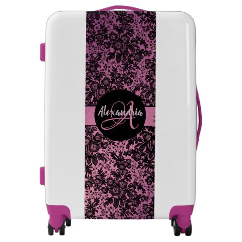 Stylish Pink Moody Black Floral Monogram Luggage