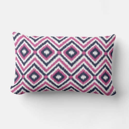 Stylish Pink Navy Ikat Diamond Pattern Lumbar Pillow