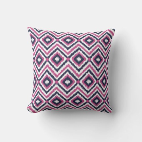 Stylish Pink Navy Ikat Diamond Pattern Throw Pillow