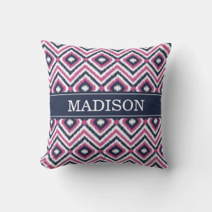 Stylish Pink Navy Ikat Diamond Pattern with Name Throw Pillow