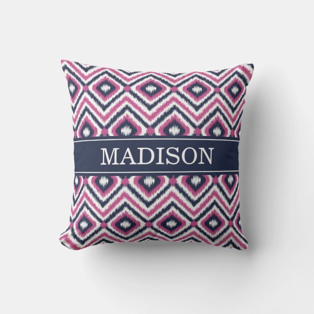 Stylish Pink Navy Ikat Diamond Pattern with Name Throw Pillow (Front)