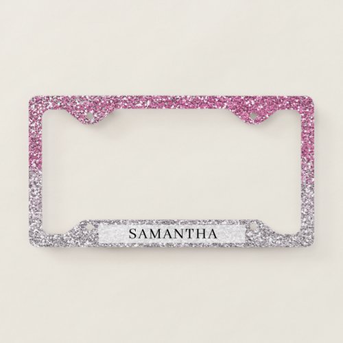 Stylish Pink Ombre Glitter Custom Name   License Plate Frame