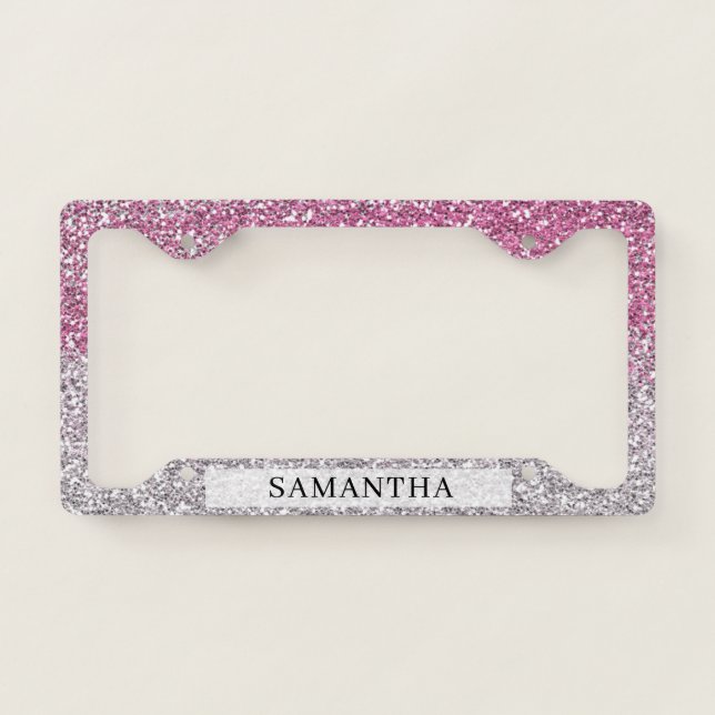 Stylish Pink Ombre Glitter Custom Name   License Plate Frame (Front)
