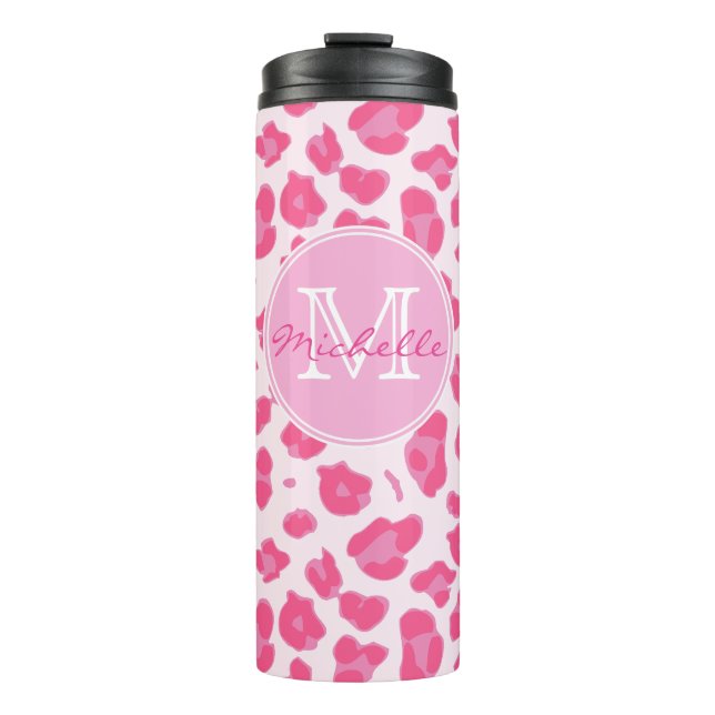 Stylish Pink on Pink Leopard Print | Monogram Thermal Tumbler (Front)