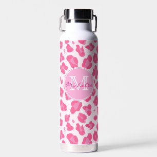 Stylish Pink on Pink Leopard Print   Monogram  Water Bottle