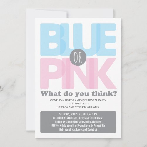 Stylish Pink or Blue Baby Gender Reveal Party Custom Invitations