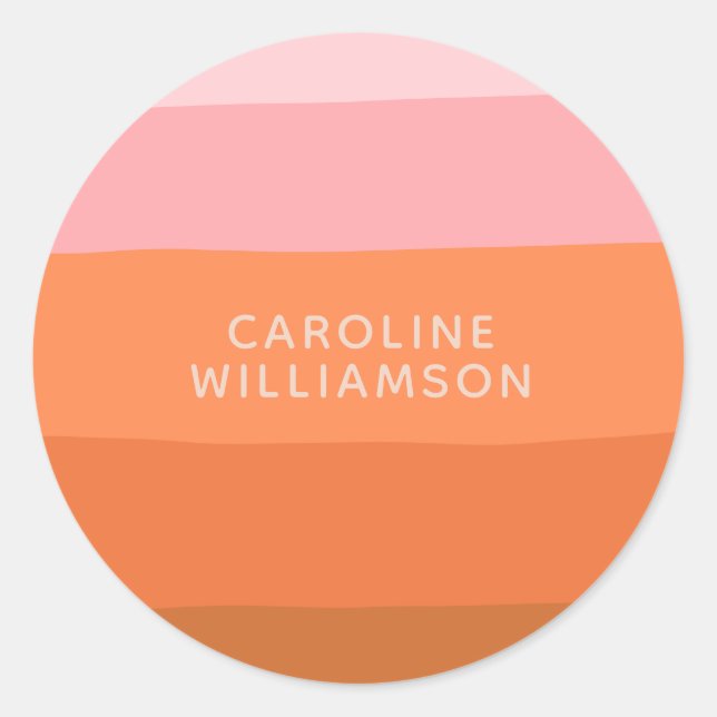 Stylish Pink Orange Abstract Stripes Script Name   Classic Round Sticker (Front)