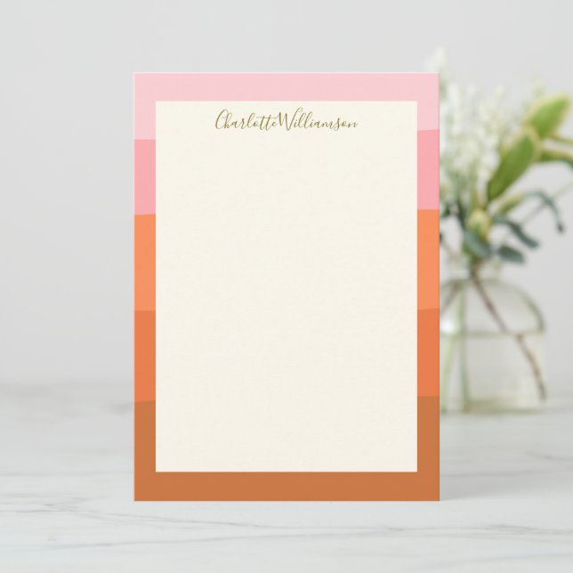 Stylish Pink Orange Abstract Stripes Script Name  Note Card (Standing Front)