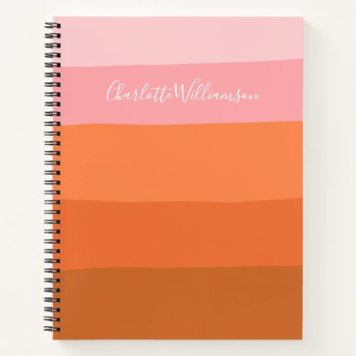 Stylish Pink Orange Abstract Stripes Script Name Notebook