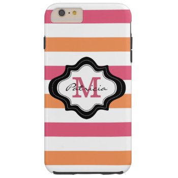 Stylish Pink Orange White Stripes Custom Monogram Tough Iphone 6 Plus Case by InitialsMonogram at Zazzle