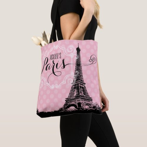 Stylish Pink Paris Eiffel Tower Monogram Name Tote Bag