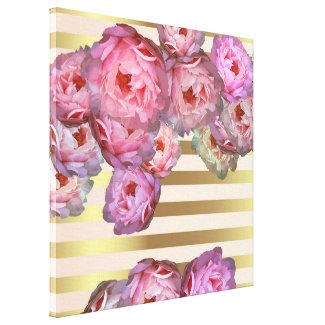 Stylish Pink Peonies On Gold Horizontal Stripes  Canvas Print