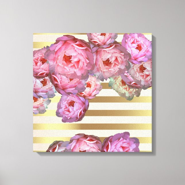 Stylish Pink Peonies On Gold Horizontal Stripes  Canvas Print (Front)