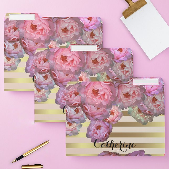 Stylish Pink Peonies On Gold Horizontal Stripes File Folder (Creator Uploaded)