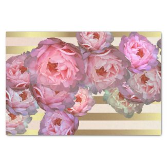 Stylish Pink Peonies On Gold Horizontal Stripes Tissue Paper