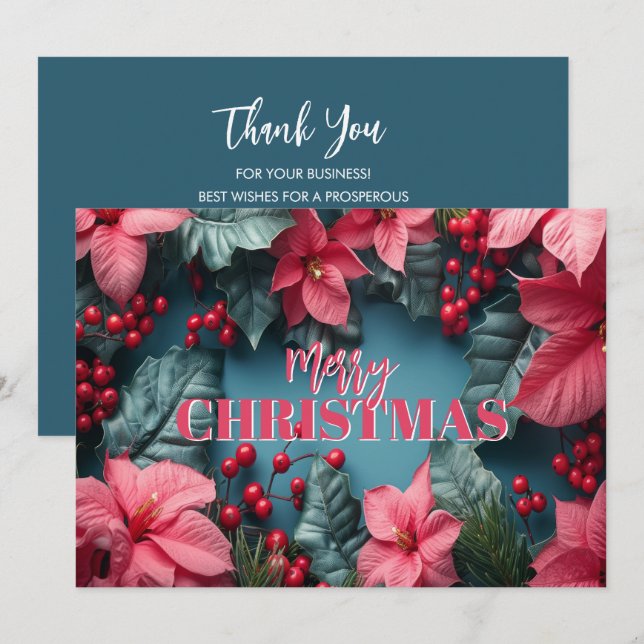 Stylish Pink Poinsettias Business Logo Christmas Holiday Card (Front/Back)