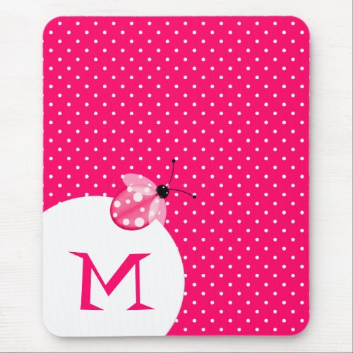 Stylish Pink Polka Dot With Ladybug  Monogram Mouse Pad