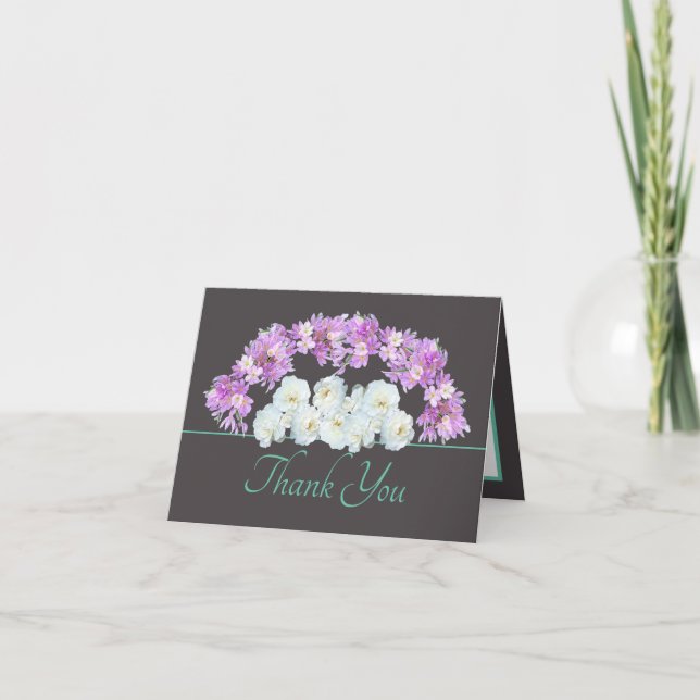Stylish Pink Purple Crocus & White Roses Thank You Card (Front)