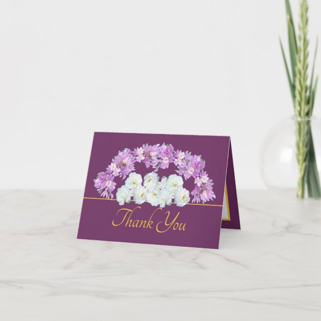 Stylish Pink Purple Crocus & White Roses Thank You Card (Front)