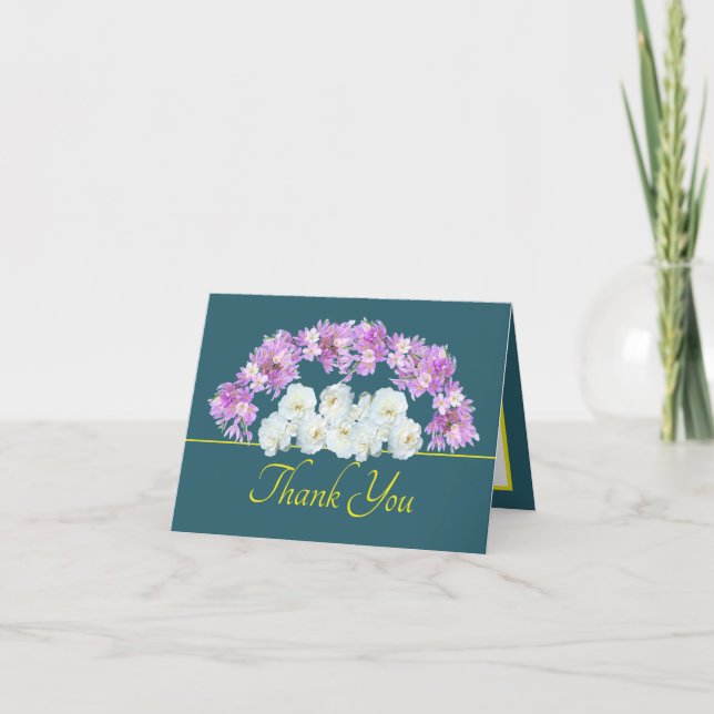 Stylish Pink Purple Crocus & White Roses Thank You Card (Front)