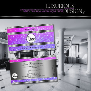Stylish Pink Purple Glitter Stars and Logo Silver Business Card