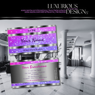 Stylish Pink Purple Glitter Stars Ornate Silver Business Card