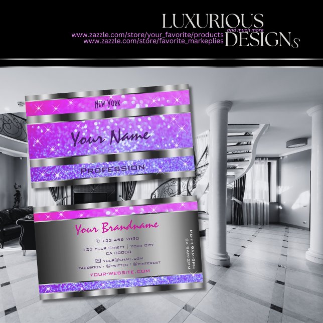 Stylish Pink Purple Glitter Stars Ornate Silver Business Card (Creator Uploaded)