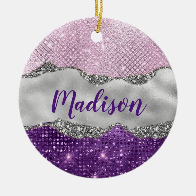 Stylish pink Purple glittery silver girly monogram Ceramic Ornament (Front)
