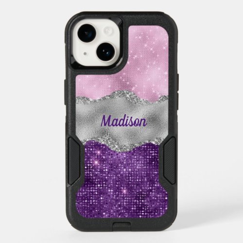 Stylish pink Purple glittery silver girly monogram OtterBox iPhone 14 Case