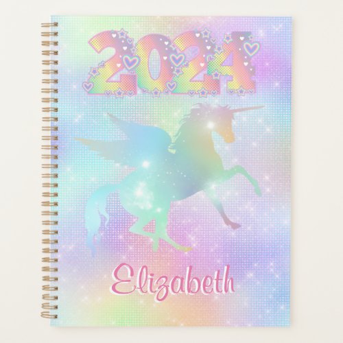 Stylish Pink Rainbow unicorn Glitter 2024 Planner