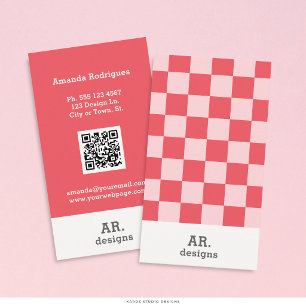 Stylish Pink Red Checkered QR Business Card