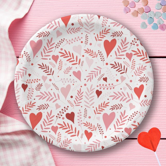Stylish Pink Red Heart Pattern Valentines Paper Plates (Creator Uploaded)