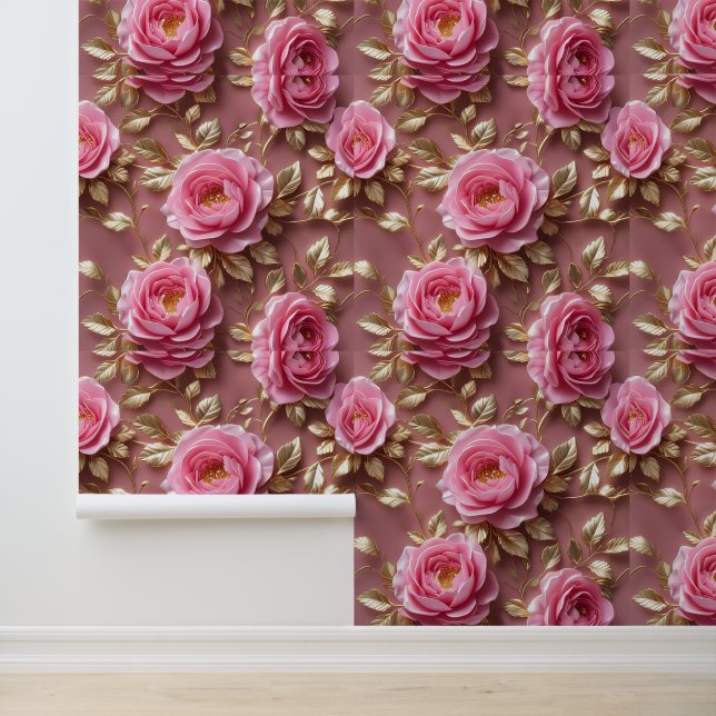 Stylish Pink Rose Gold Botanical Self Adhesive Wallpaper (Application)