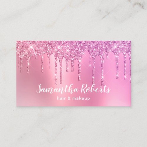 Stylish pink rose gold glitter drips hair  makeup business card
