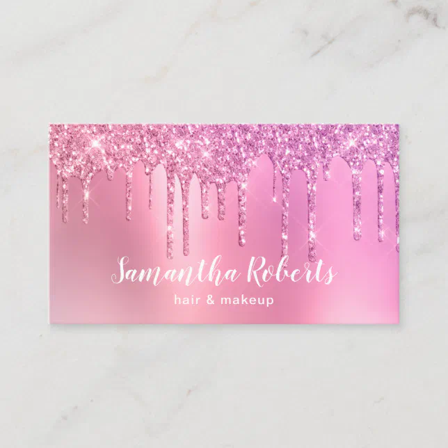 Stylish Pink Rose Gold Glitter Drips Hair And Makeup Business Card Zazzle 1384