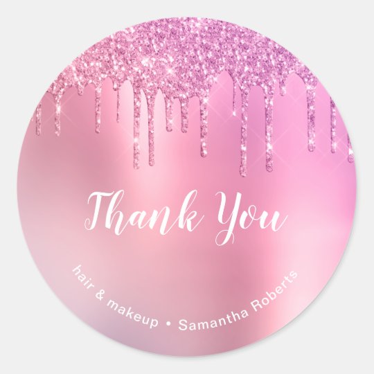 Stylish Pink Rose Gold Glitter Drips Hair And Makeup Classic Round Sticker 0323