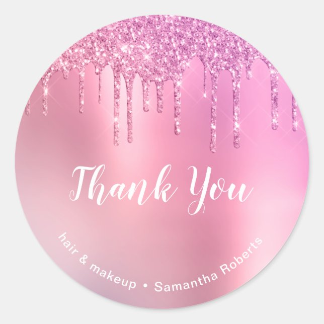 Stylish pink rose gold glitter drips hair & makeup classic round sticker (Front)