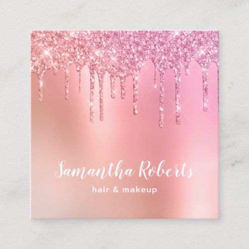 Stylish pink rose gold glitter drips hair  makeup square business card