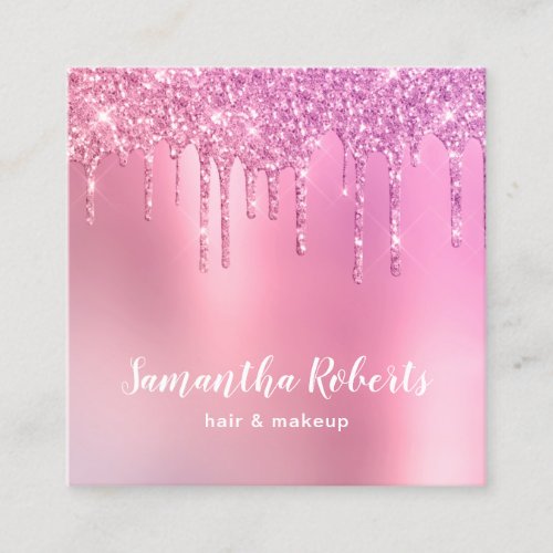 Stylish pink rose gold glitter drips hair  makeup square business card