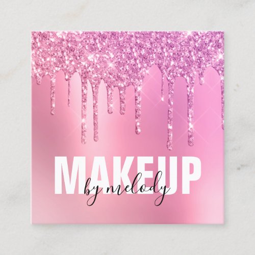 Stylish pink rose gold glitter drips makeup artist square business card