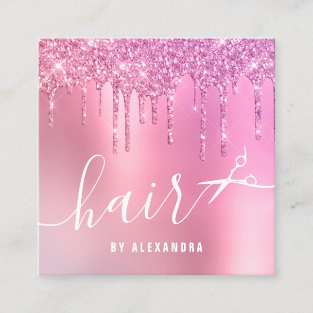 Stylish pink rose gold glitter drips scissors hair square business card (Front)