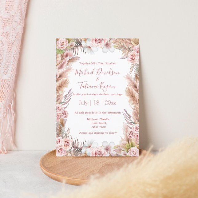 stylish pink roses pampas grass boho wedding invitation (Creator Uploaded)
