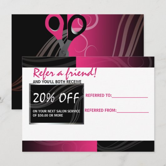 stylish pink scissor hair salon referral card (Front/Back)