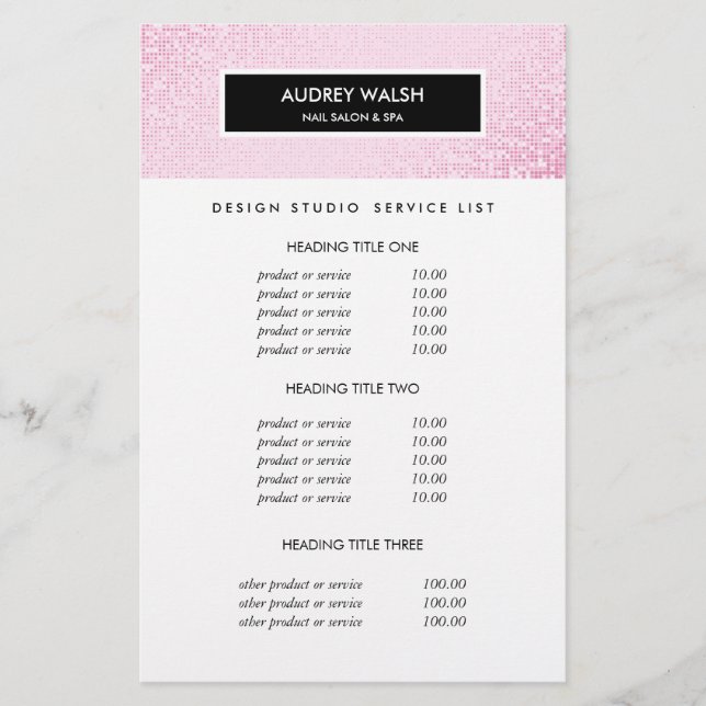 Stylish Pink Sequin  Salon Pricing & Services Flyer (Front)