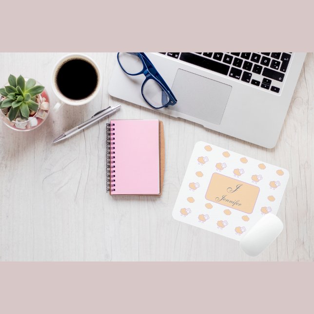 Stylish Pink Sheep With Clouds Pattern Monogram  Mouse Pad (Creator Uploaded)