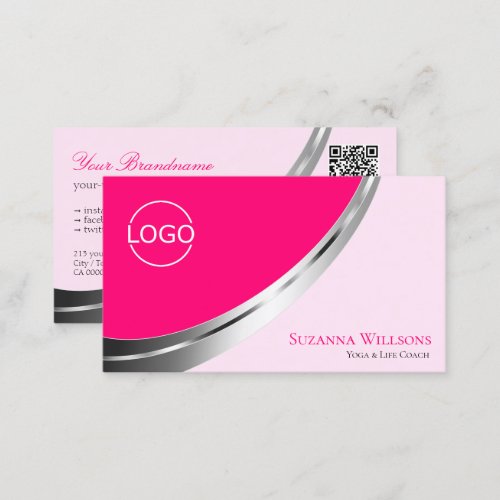 Stylish Pink Silver Decor with Logo and QR_Code Business Card
