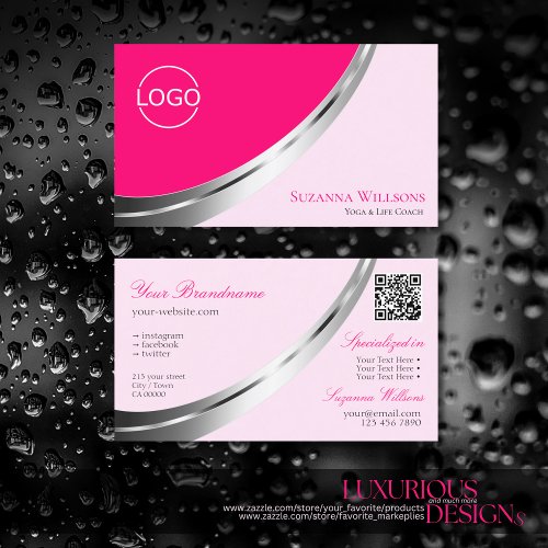 Stylish Pink Silver Decor with Logo and QR_Code Business Card