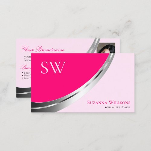 Stylish Pink Silver Decor with Monogram and Photo Business Card