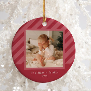 Stylish Pink Stripe Simple Photo Christmas Cerami Ceramic Ornament