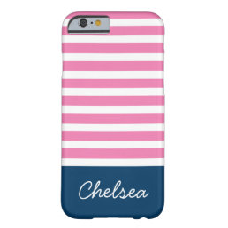 Stylish Pink Stripes Blue Name Barely There iPhone 6 Case